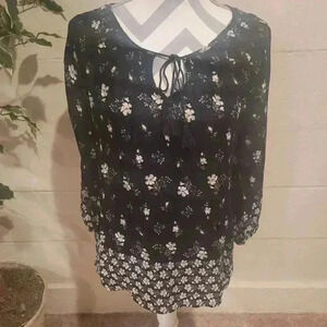 Lucky Brand Black White Floral Bohemian Relaxed Knit 3/4 Sleeve Top XS